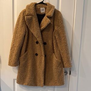 ZARA Tan Teddy Double-Breasted Teddy Coat